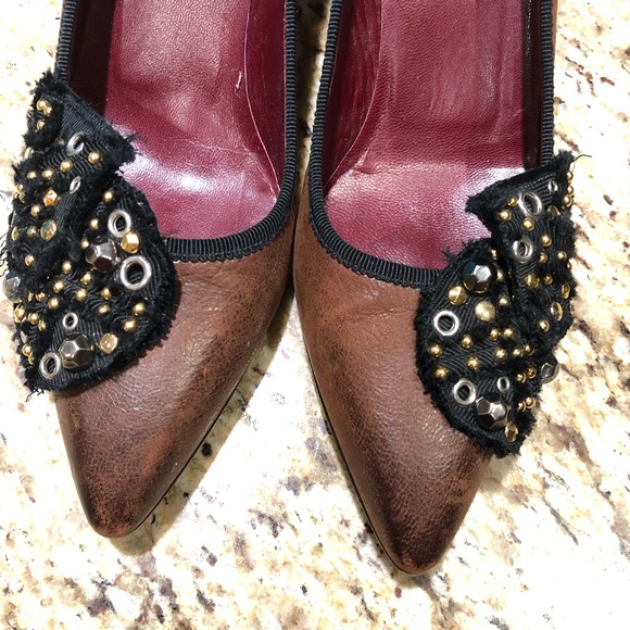 Prada Brown Black Pointed Toe Sequin Stud Rhinestone Embellished Pumps 38 - Picture 3 of 11